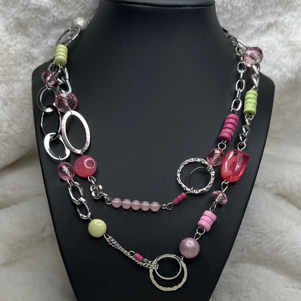 Christopher & Banks 38” Long Pink and Silver Necklace with Lime Accents